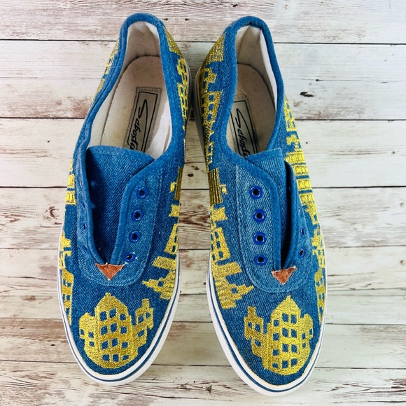 Y2K Sebastiro 90s City Scape embroidered Sneakers size 7.5 skyline design - Picture 8 of 12